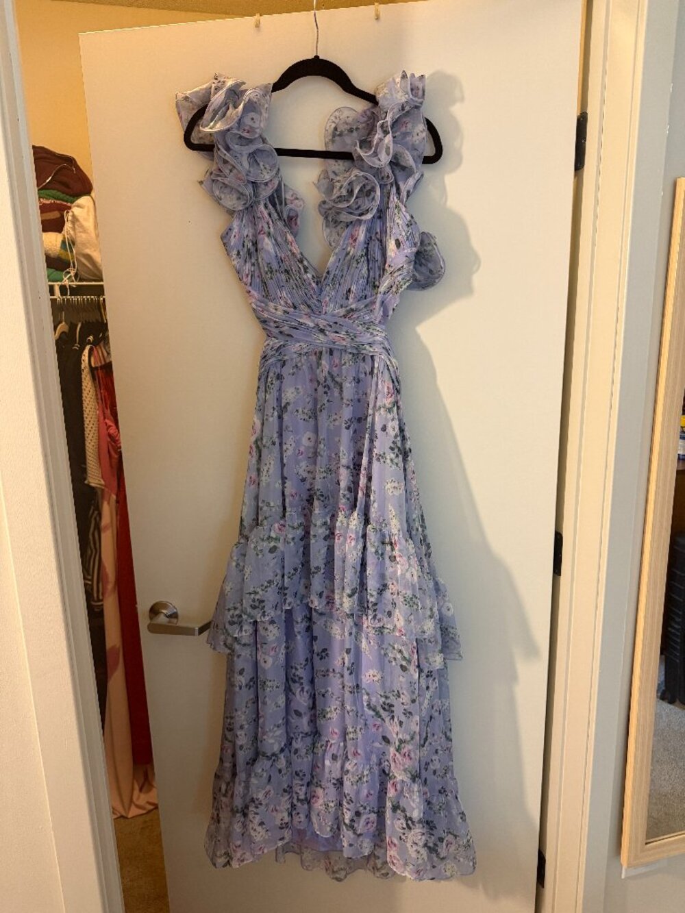 Mac Duggal purple floral cutout wedding guest dress - size 12